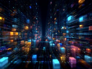 Abstract information highway with colorful data streams 3D tunnel effect and illuminated nodes cubes