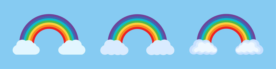 Rainbow icons with fluffy clouds on blue background, representing weather, hope, diversity, nature, positivity, LGBTQ+ symbolism, and cheerful visual elements for design or decoration