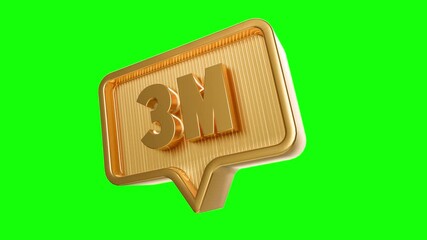 Golden Digital Icon: A shiny golden speech bubble icon features the bold number 3M, signifying social media engagement, digital marketing, or financial metrics, with a bright green background. - Powered by Adobe