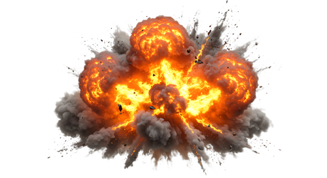 Fiery explosion with smoke and debris isolated on transparent background