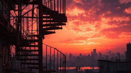 sunset city skyline with rusty fire escape in urban architectural scene