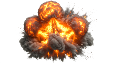 Fiery explosion with smoke and debris isolated on transparent background