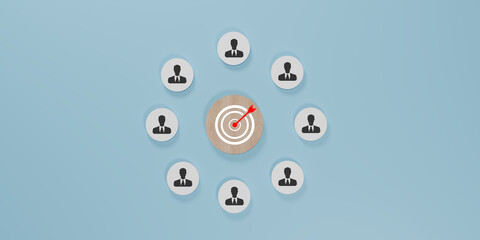 3D render of a circle shaped white cube network with person icons and red target icons in the center, symbolizing social networking, audience targeting, business goals, leadership and strategic focus.