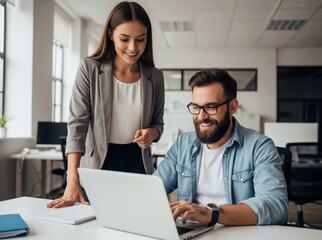 Woman and man business people working together in office