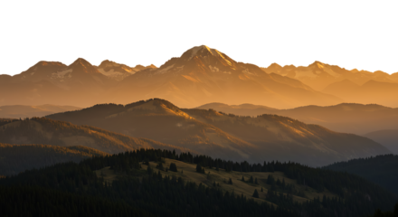 Golden hour sunlight illuminates a majestic mountain range with rolling hills isolated on transparent background