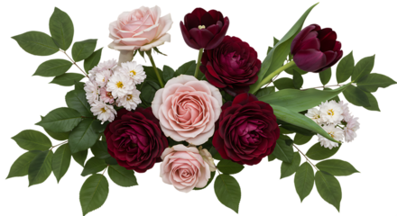 Elegant floral arrangement of pink and burgundy roses isolated on transparent background