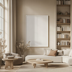 Elegant living room with a large blank canvas and a bookshelf