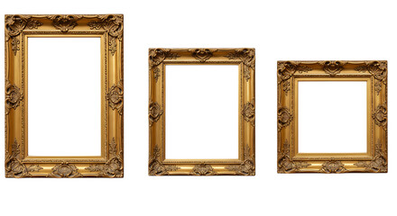 Three ornate gold picture frames isolated on transparent background
