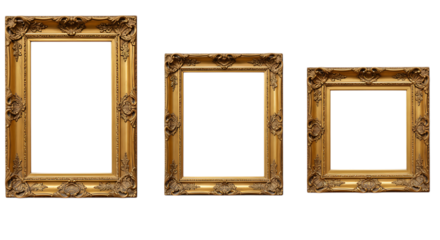 Three ornate gold picture frames isolated on transparent background
