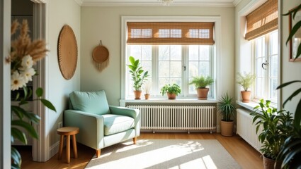 Serene Interior with Armchair, Plants, and Natural Light in a Cozy Home Setting