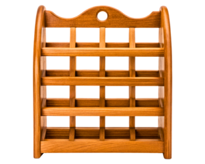 Empty wooden wall-mounted spice rack with multiple compartments on a transparent background