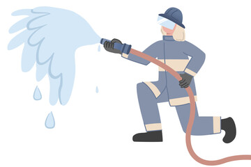 Flat Style Firefighter Holding Hose Spraying Water to Extinguish Fire
