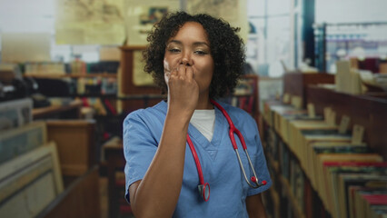 Young african american woman nurse in blue scrubs with red stethoscope blows kiss with lips in indoor library setting; affection.