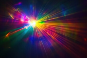 Fototapeta premium Radiant light burst featuring a brilliant spectrum of colors, including vibrant reds, blues, greens, yellows, emanating dynamically from central point, creating a stunning visual display