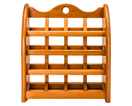 Empty wooden wall-mounted spice rack with multiple compartments on a transparent background