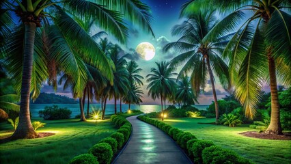 Fototapeta premium Tranquil Tropical Night Pathway: Lush Palm Trees, Peaceful Escape