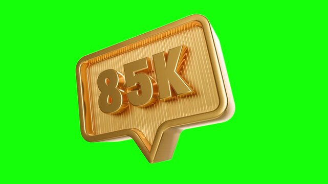 85K Golden Achievement Badge: An artistic, golden speech bubble icon proudly displays the number 85K, signifying a significant achievement. Captured in a vibrant studio setting.