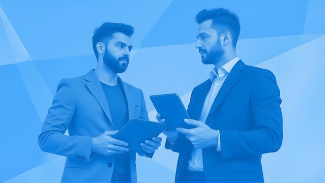 Two businessmen in blue suits holding tablet devices