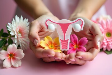 Vibrant Flowers Surround Woman Holding Model of Uterus and Ovaries in Close-Up Photo, Symbolizing New Life and Health