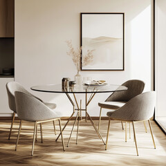 Modern dining room with glass table and plush chairs bathed in natural light