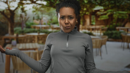 Fototapeta premium Woman shrugging with blurred hand motion at outdoor restaurant terrace, head turned and shoulder lifted in midair; uncertainty.