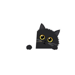 Flat icon of a curious black fluffy cat peeking from behind a large exclamation mark, isolated