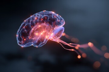 Digital visualization of a glowing brain concept with neural connections and lights