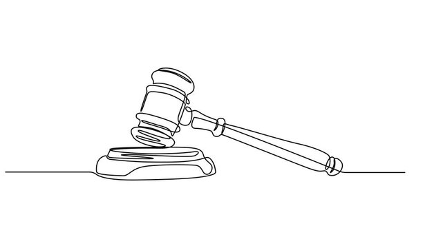 Self drawing line animation judge hammer continuous line drawn concept video, Animation of single one line drawing hammer placed lying on a wooden cushion. The auction still closed. National minimal.
