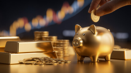 A gleaming golden piggy bank accepts a coin amid stacked bullion and charts,
symbolizing disciplined saving habits and the strategic accumulation of generational wealth.