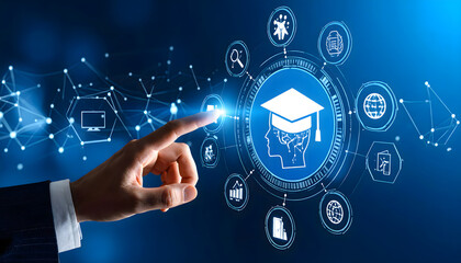 A businessman’s hand pointing at a digital interface with icons representing modern education, technology, and online learning. Great for e-learning, virtual classrooms, or future education platforms.
