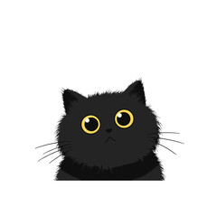 Cute black cat with big yellow eyes tilting head under a floating question mark, isolated