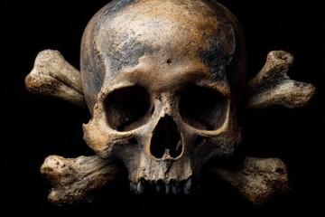 Obraz premium Detailed depiction of a skull and crossbones symbol with a dark background emphasizing the eerie aesthetic and historical significance