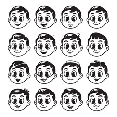 Collection of Retro Cartoon Boy Faces Smiling with Various Hair Styles and Expressions Black and White Vector Illustration