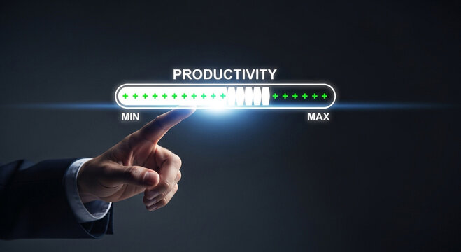 Business professional activating a productivity progress bar with a glowing indicator