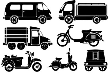 A set of black vehicle silhouettes for transportation and delivery services. Includes icons of a van, truck, and scooters.