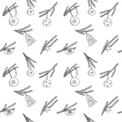 Fir branches with Christmas toys seamless pattern, hand drawn, vector illustration