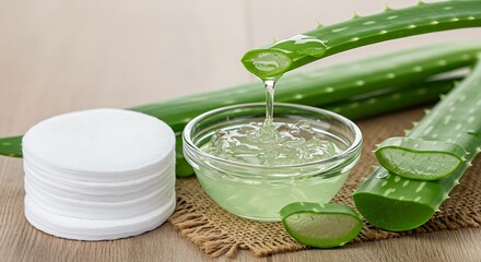 Pure aloe vera gel dripping into bowl with fresh plant and cotton pads