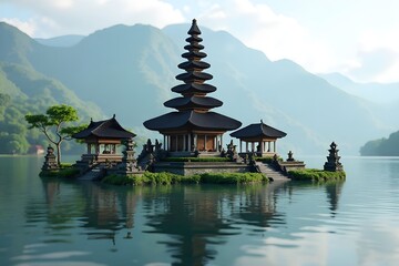 Obraz premium 3D Illustration of Pura Ulun Danu Beratan on Lake Beratan, Bali