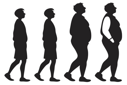 A vector illustration showing the progression of obesity, with male silhouettes aging and gaining significant weight from youth to adulthood.