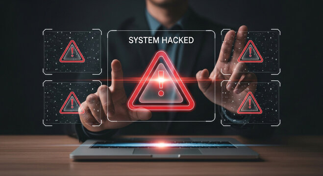 Cybersecurity alert with warning symbols and digital interface