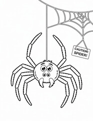 Halloween coloring page, spider hanging from a web with a caution sign isolated on white background, kids coloring page