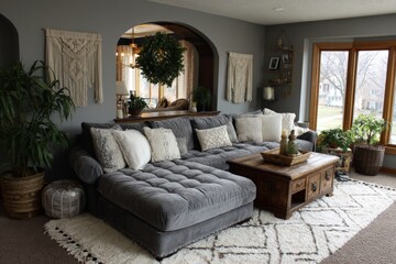 Cozy living room featuring a plush sectional sofa and decorative plants in a warm, inviting home environment during daylight