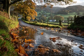 A scenic country road in autumn, covered with fallen leaves and standing water, reflecting the landscape and the vibrant colors of the fall season, with rolling hills.