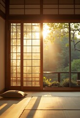 Obraz premium Sunlit Tranquility: Japanese Room with Garden View and Tatami Mats