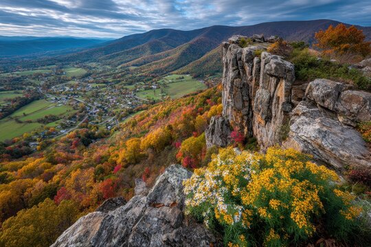 An amazing autumnal view from McAfee's Knob, Virginia, displaying colorful foliage, distant mountains, and a peaceful valley, captured under a cloudy sky.