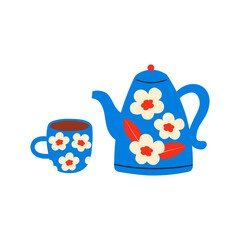 Blue ceramic teapot and mug with white flowers. Flat graphic tea vector illustration. Hot drink, cozy morning composition, tea party. Rustic teapot and a mug with a floral pattern.