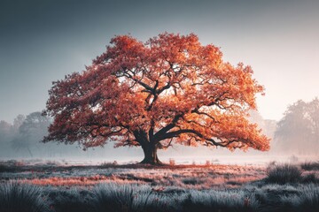 A majestic oak tree with vibrant fall foliage stands alone in a misty field, illuminated by the soft morning light creating a tranquil and serene autumn scene.