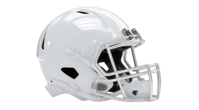 Vibrant photo of white american football helmet isolated on transparent background.