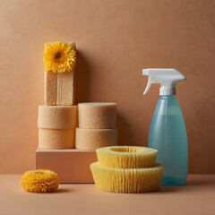 Bright peach textured background. Yellow cleaning supplies and bathroom accessories.