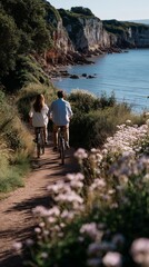 Couples enjoy a scenic bike ride along a coastal path surrounded by flowers at sunset